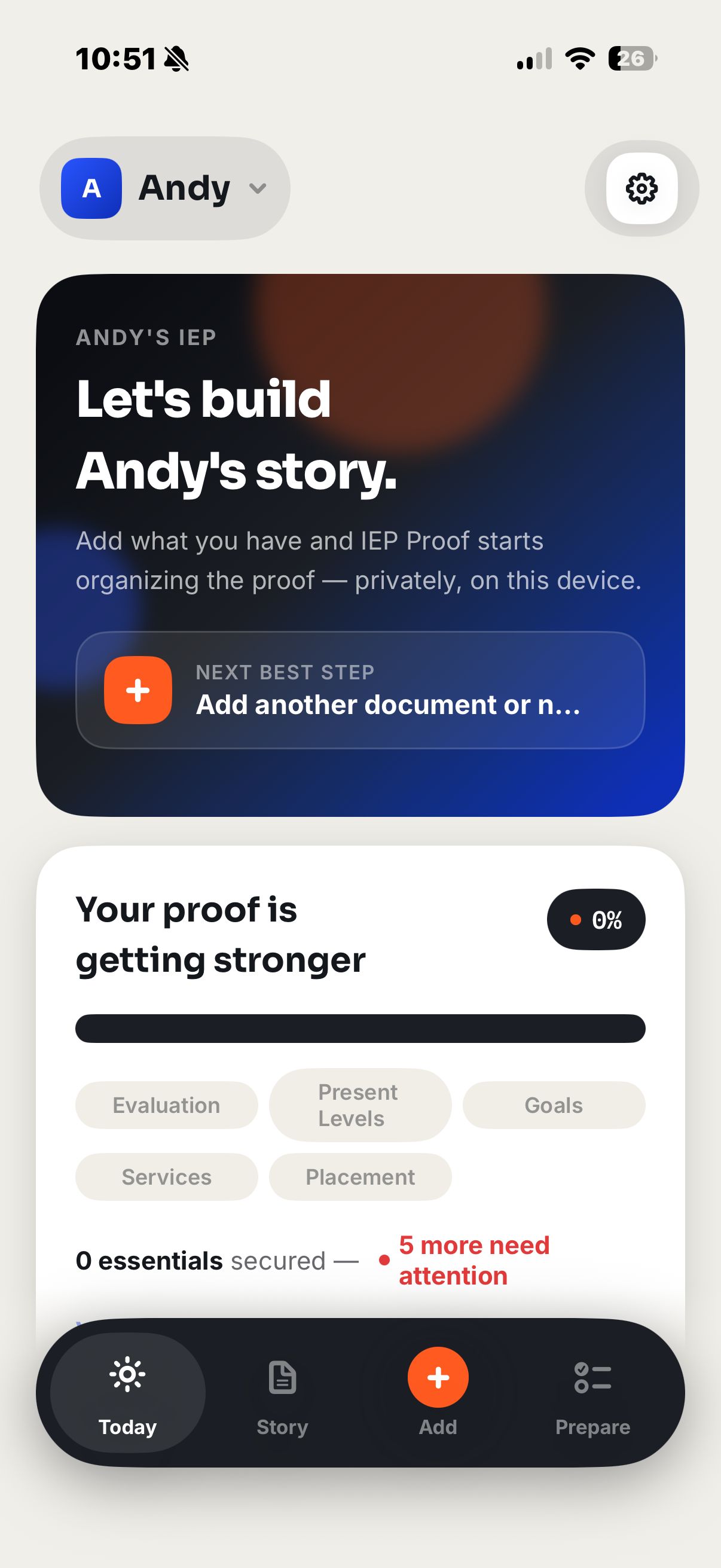 IEP Proof Today screen showing an IEP readiness overview and next best step